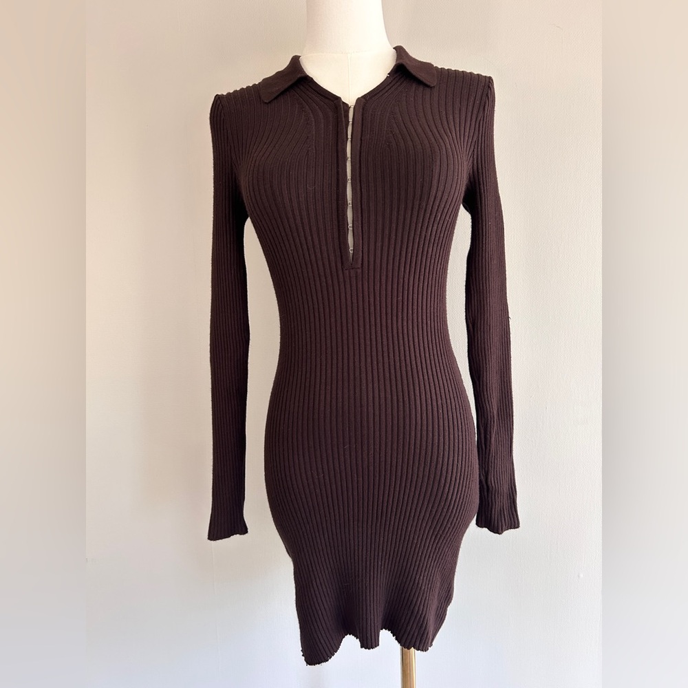 Y2K ABERCROMBIE & FITCH Chocolate Brown Ribbed Knit Polo Bodycon Mini Dress Sz S - Picture 9 of 10